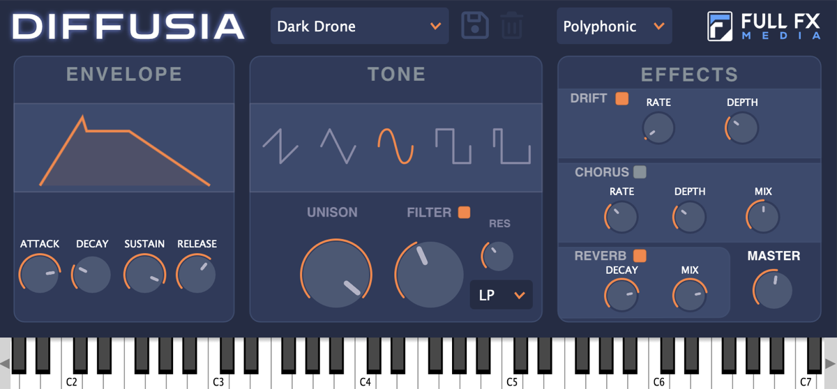 Diffusia drone synth VST with a slow attack and long reverb